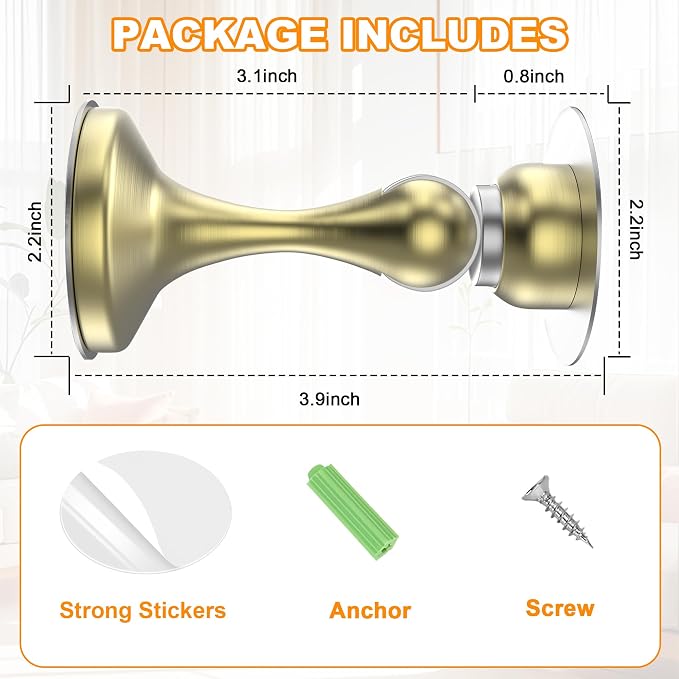 Crosize Magnetic Door Stoppers 6 Pack, Stainless Steel Door Stops for Wall and Floor Mounting, Gate Stops, No Drilling Metal Doorstops with Adhesive Tapes, Gold