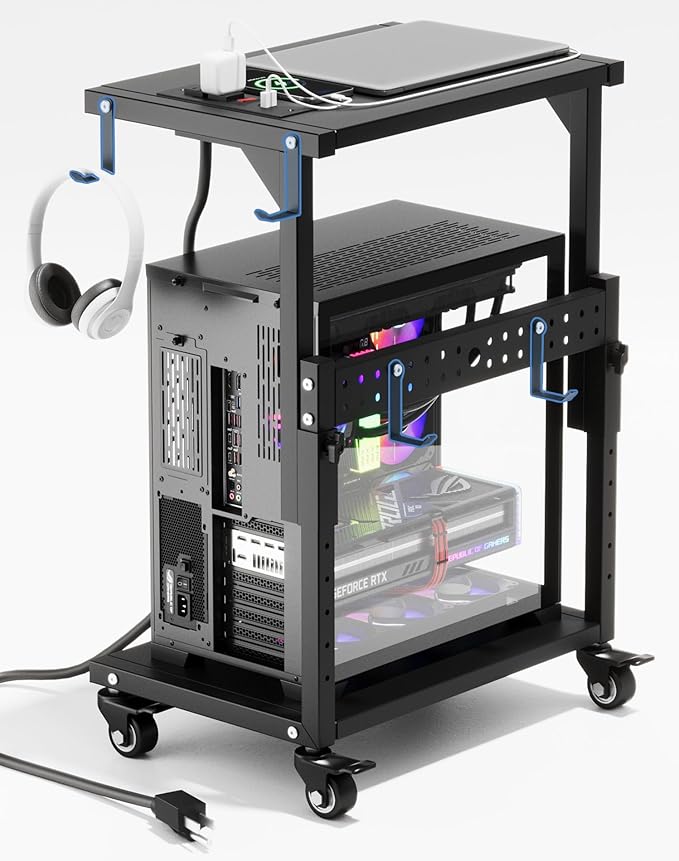 ZUAVIALA Computer Tower Stand with Power Outlet, 6 Level Height Ajustable PC Tower Stand for Floor, Mobile Rolling CPU Holder Cart for Gaming, Office, Home, 21.34"-28.3", Black