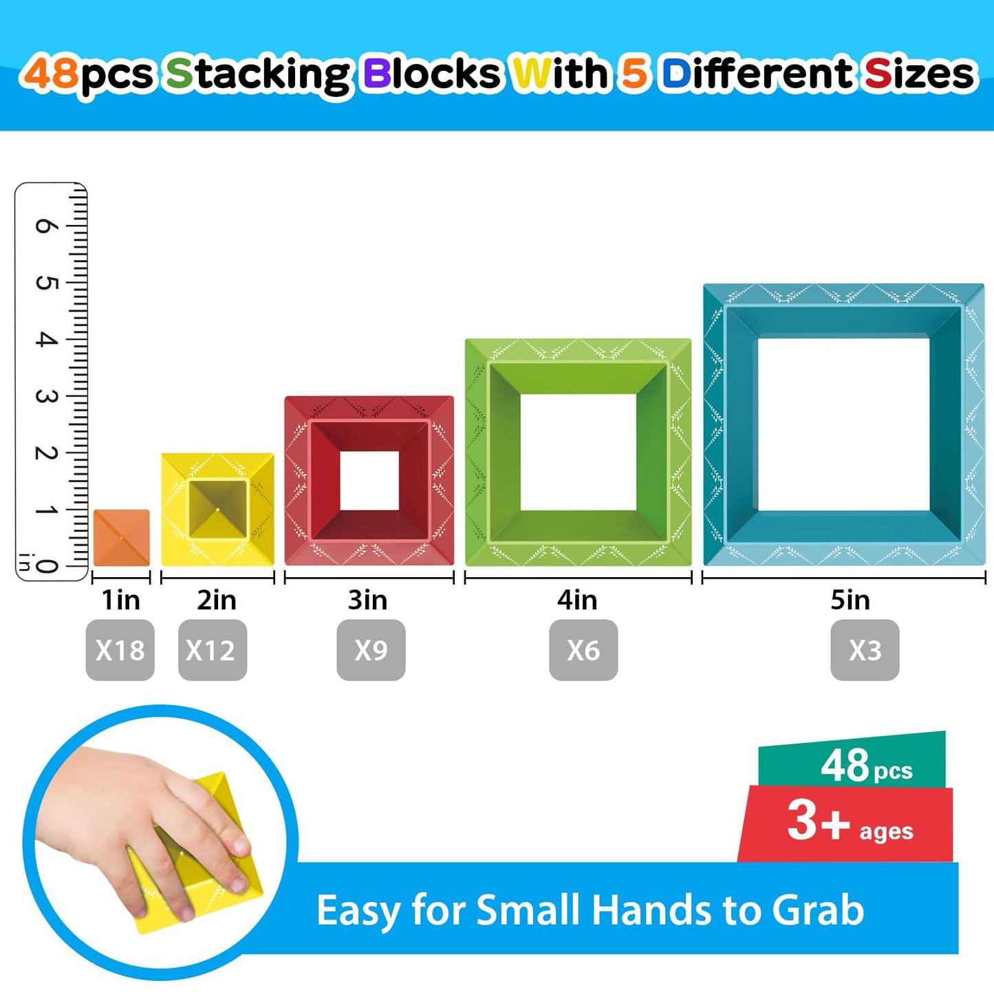 WSKC 48 PCS Building Block Stacking Toys Kids 3 4 5 6 Year Old, Educational STEM Toys for Boys Girls, Developmental Learning Sensory Gifts for Birthdays