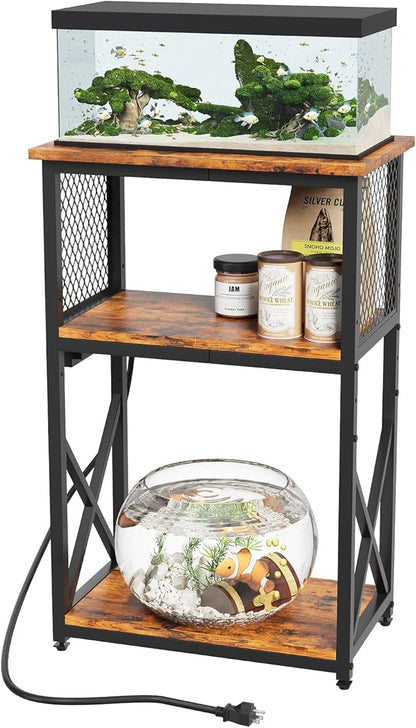 HavenlyYouth 10 Gallon Fish Tank Stand with Power Outlet, 3 Tier Aquarium Stand with Shelf, Turtle/Reptile Tank Stand for Home Office,Adjustable Boards, 20.47''L×11.42''W×30.91''H, Retro Brown
