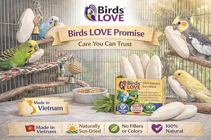 Birds LOVE 3.5-4″ Cuttlebone for Birds – 100% Natural Sun-Dried Calcium & Beak Conditioning Supplement for Parakeets, Budgies, Cockatiels, Finches & Canaries – 4 Pack with Holder – Made in Vietnam
