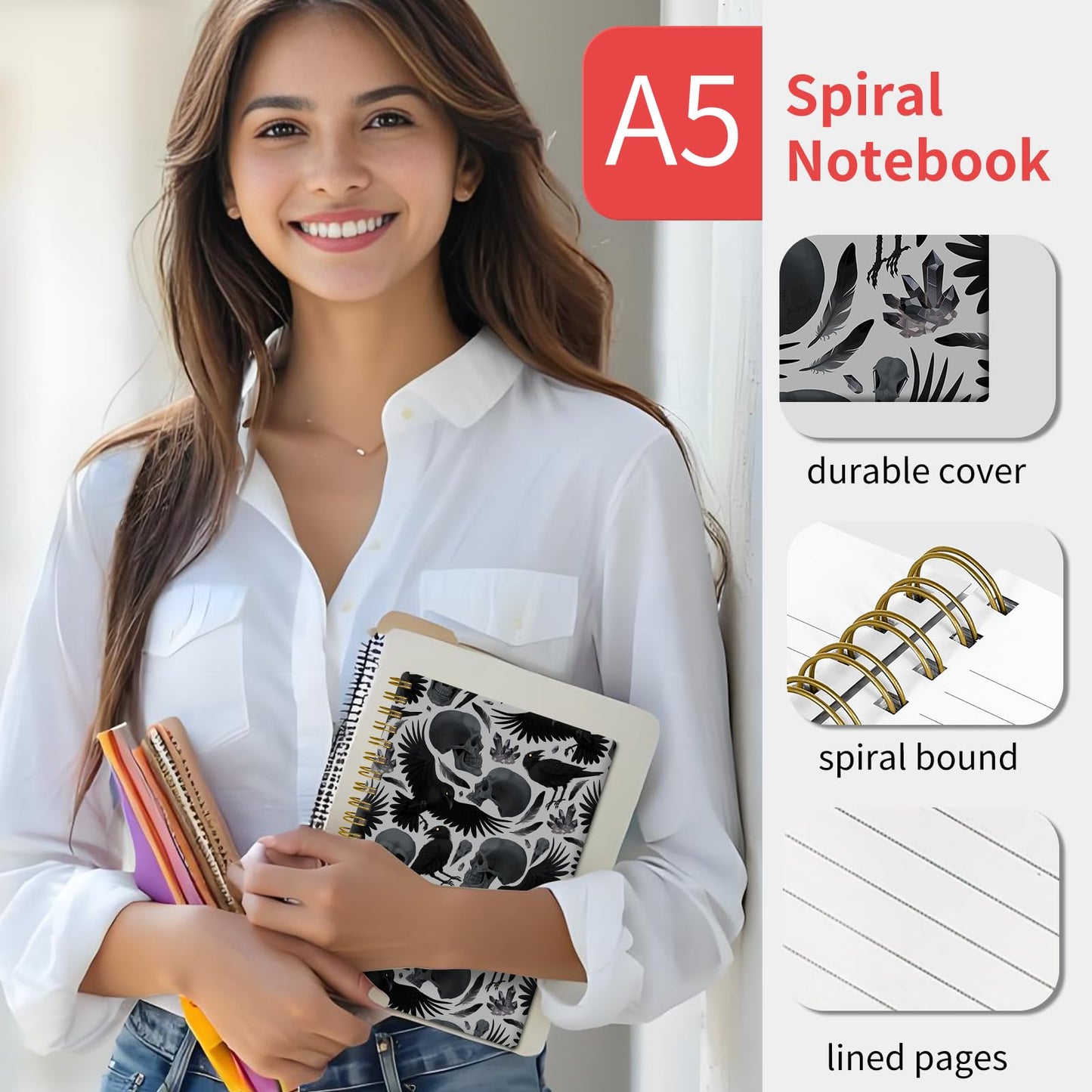 KZYVFNPQ Spiral Journal Notebook for Women Men, A5 Cute Hardcover Lined Notebook with Strong Binding,College Ruled Notebook for Office Work Writing, 120 Pages/60 Sheets, 6"x8.3"(Ravens Skull Halloween)