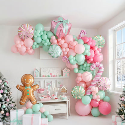 Christmas Balloon Garland Arch kit light magenta green pink balloon with Gingerbread Balloon Cane Candy Foil Balloons for Christmas Party Decorations Xmas New Year Birthday Party Supplies