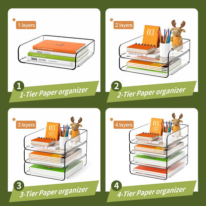 FANXIYQ 4-Tier Acrylic Paper Tray Organizer, Clear Stackable Desk File Organizer for Documents, Files, Letters, A4 Paper, Books, Notes, Mail & Paper Storage, Office Classroom Home