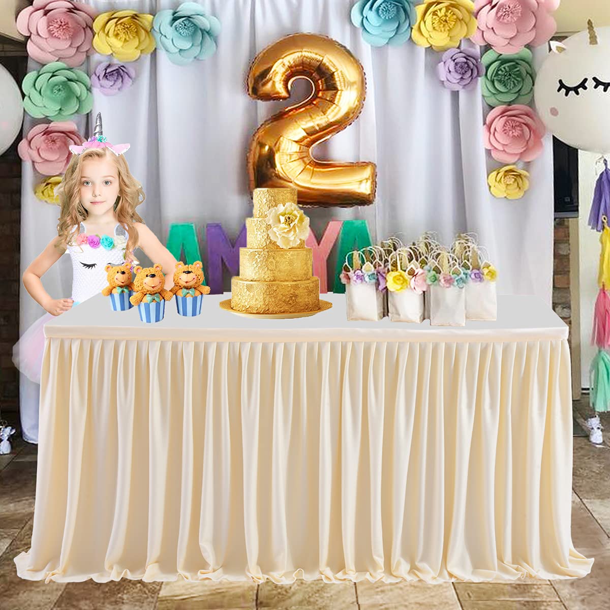 Ivory Table Skirt for Rectangle Tables - 9ft Polyester Pleated Skirt for Wedding, Birthday, Baby Shower & Banquet Decoration