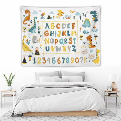 DDCBNS Cartoon ABC Alphabet Tapestry for Kids Boys Girls,Cute Dino Funny Animal Print Educational Tapestry Wall Hanging Home Décor for Study Bedroom Living Room Nursery 80" x 60"
