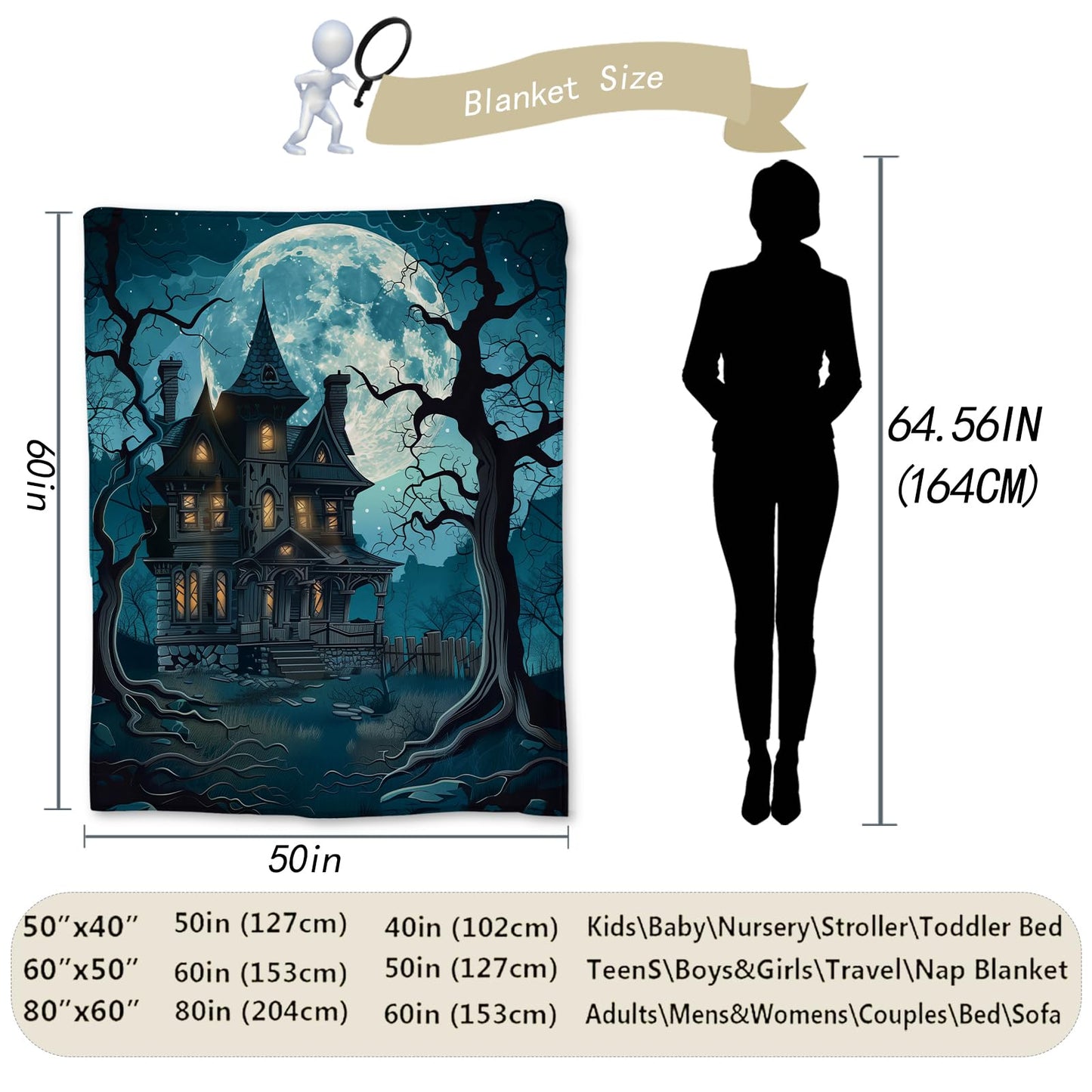 Ti Caldi Spooky Haunted House and Full Moon Blanket | Soft Warm Fuzzy Lightweight Flannel Throw Blanket for Couch, Bed, Decor, Travel & Outdoor Use, Cozy Blankets for Adults Women Men 60×50 in