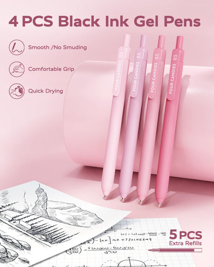 Four Candies Pink College Supplies and Nursing Essentials with Organizer, Gel Pens with Black Ink,Correction Tapes,Pastel Highlighters, Mechanical Pencils, Sticky Notes, Index Post