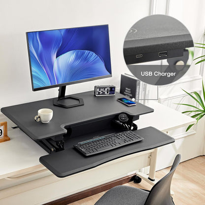 Redlife 46 inch Electric Standing Desk Converter, Height Adjustable Sit to Stand Desk Riser Extra Large Dual Monitor and Laptop Workstation with Keyboard Tray & Wireless Charging Station, Grey