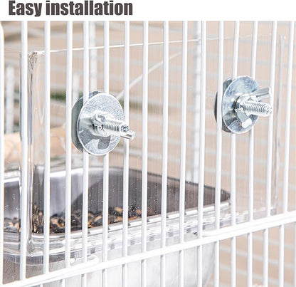 No Mess Bird Cage Feeder with Perch, No Spill Design Hanging Bird Feeders for Small Medium Birds, Easy to Clean Metal Seed Container with Secure Hooks for Indoor Cages Feeding, Two Small Bowls