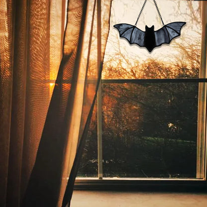HAOSUM Bat Stained Glass Window Hanging Suncatcher for Window,Halloween Bat Decoration 7.1×3.0 inch…