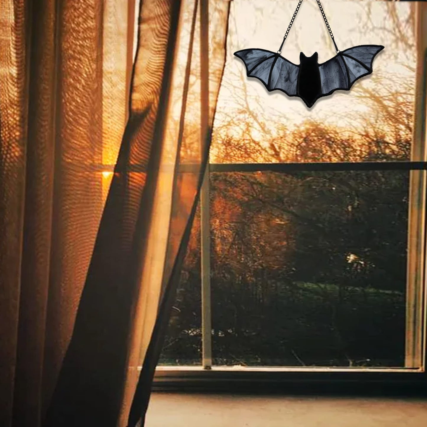 HAOSUM Bat Stained Glass Window Hanging Suncatcher for Window,Halloween Bat Decoration 7.1×3.0 inch…