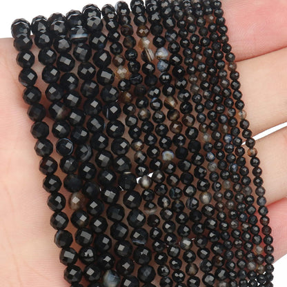 Song Xi 90pcs 4mm Natural Black Striped Agate Gemstone Beads Faceted Round Loose Stone Beads for Jewelry Making (1 Strand)