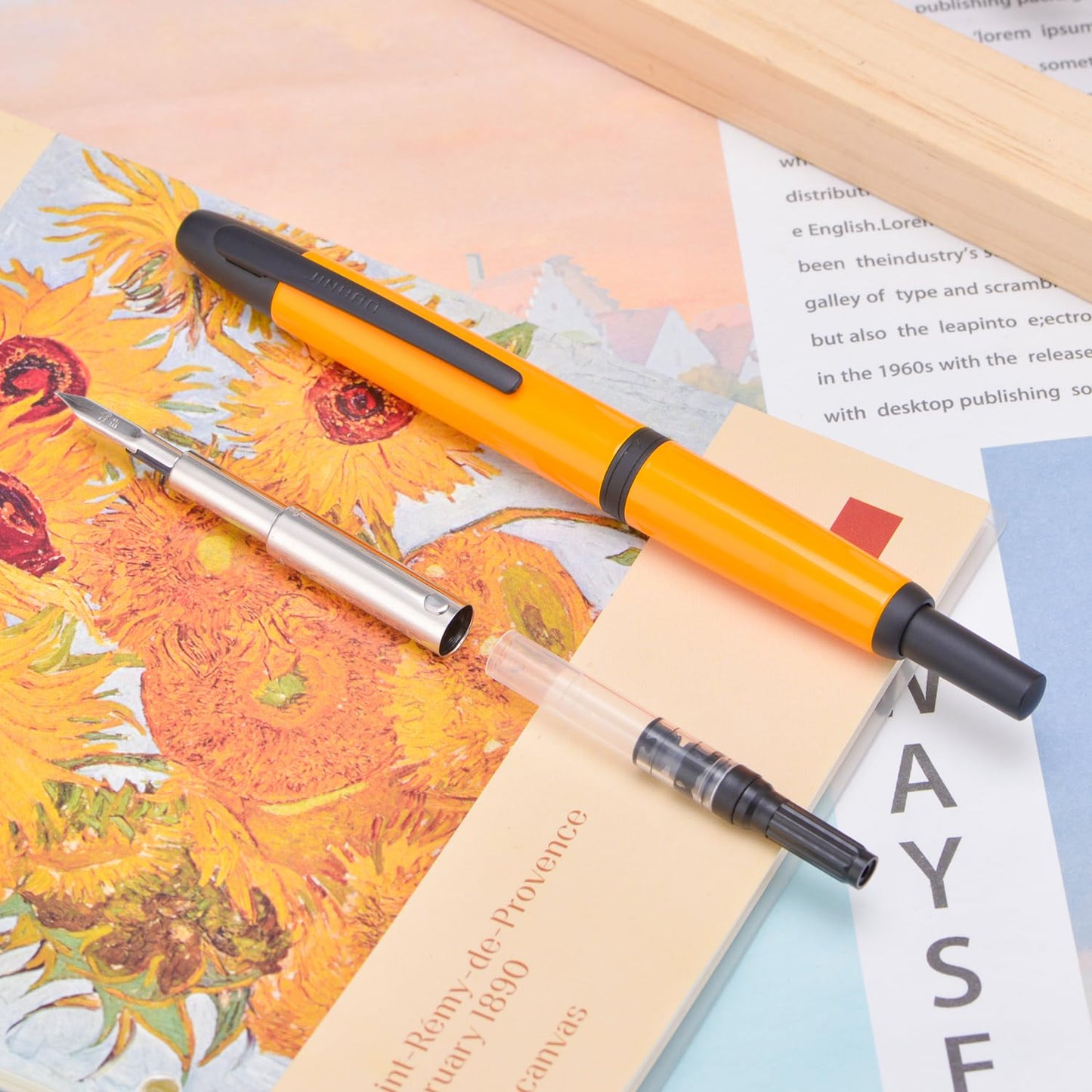 Jinhao 10 Press Fountain Pen with Box, Orange Retractable Extra Fine Nib with Ink Converter Set (Black Clip)