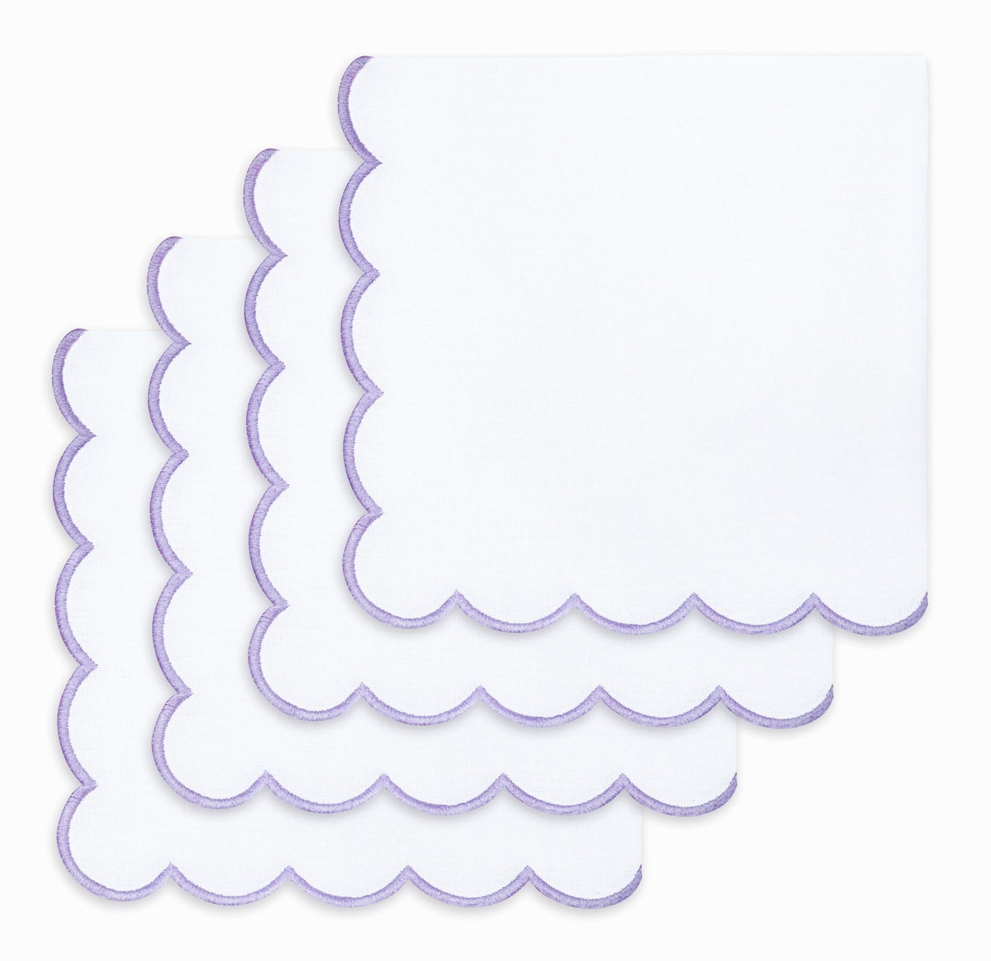 PurpleEssences Scalloped Embroidery Cloth Napkins - Spring Easter Summer - Table Decor - 100% Cotton - Set of 4-18x18 inch (White(Edges- Lavender), 18 x 18 Inch)