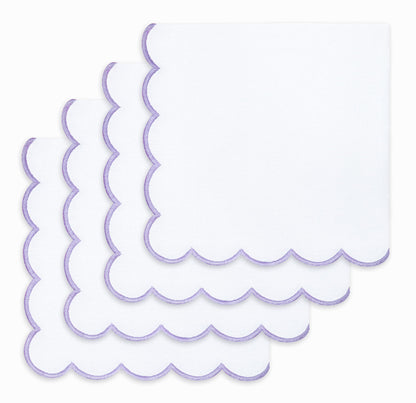 PurpleEssences Scalloped Embroidery Cloth Napkins - Spring Easter Summer - Table Decor - 100% Cotton - Set of 4-18x18 inch (White(Edges- Lavender), 18 x 18 Inch)