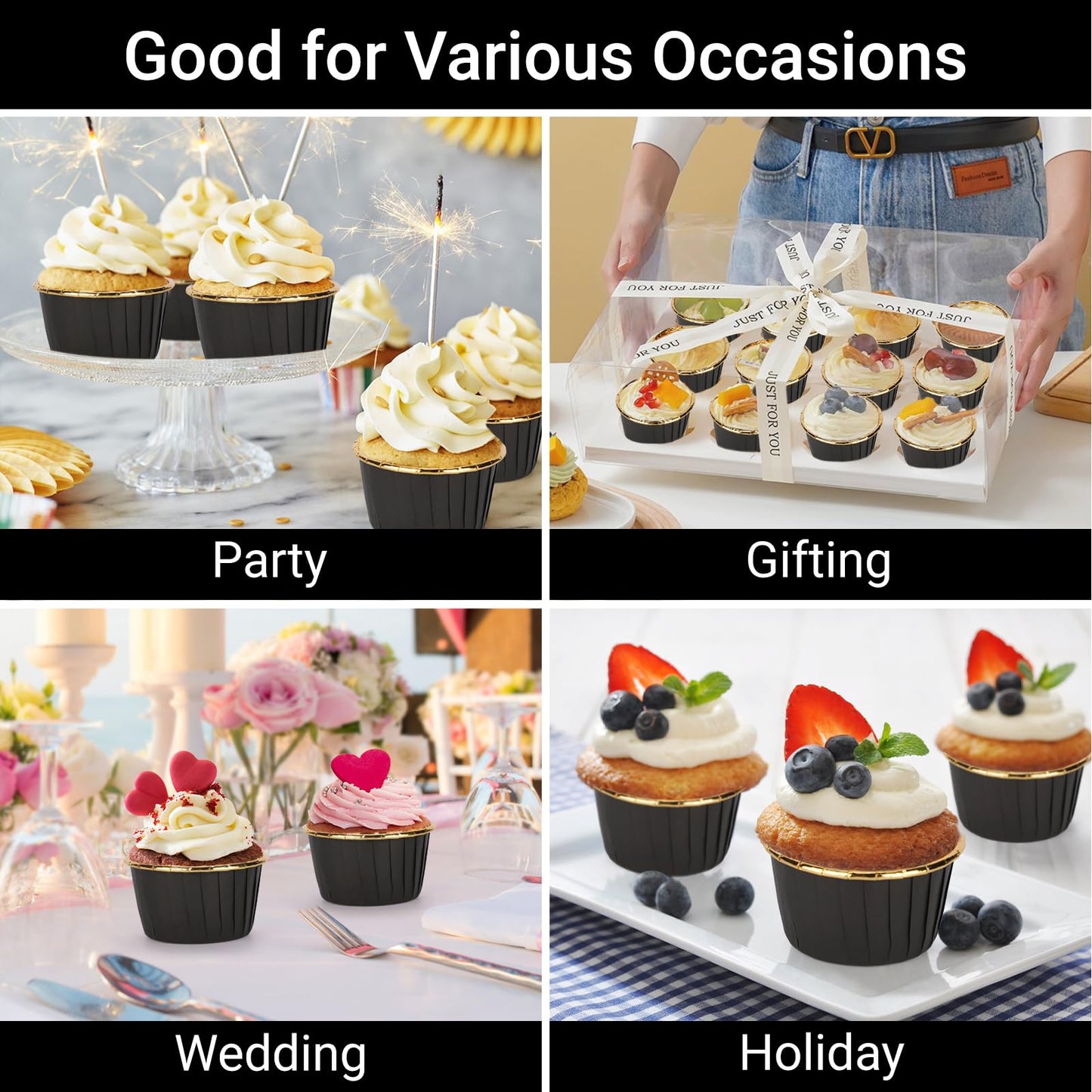 EUSOAR Baking Cups, 200pcs 3.5oz Aluminum Muffin Cupcake Liners Mini Cheesecakes Cups, Disposable Ramekins Foil Dessert Wrappers Paper Cupcake Liners Holder for Birthday Wedding Party-Black/Gold