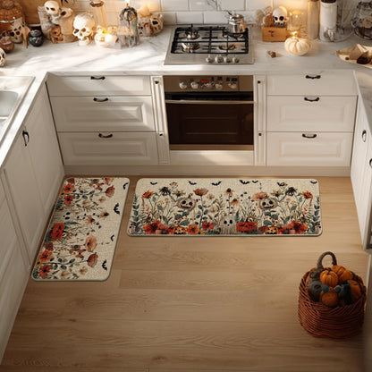 Artoid Mode Ghost Jack-O'-Lantern Pumpkin Flowers Halloween Kitchen Mats Set of 2, Low-Profile Home Decor Kitchen Rugs for Floor - 17x29 and 17x47 Inch