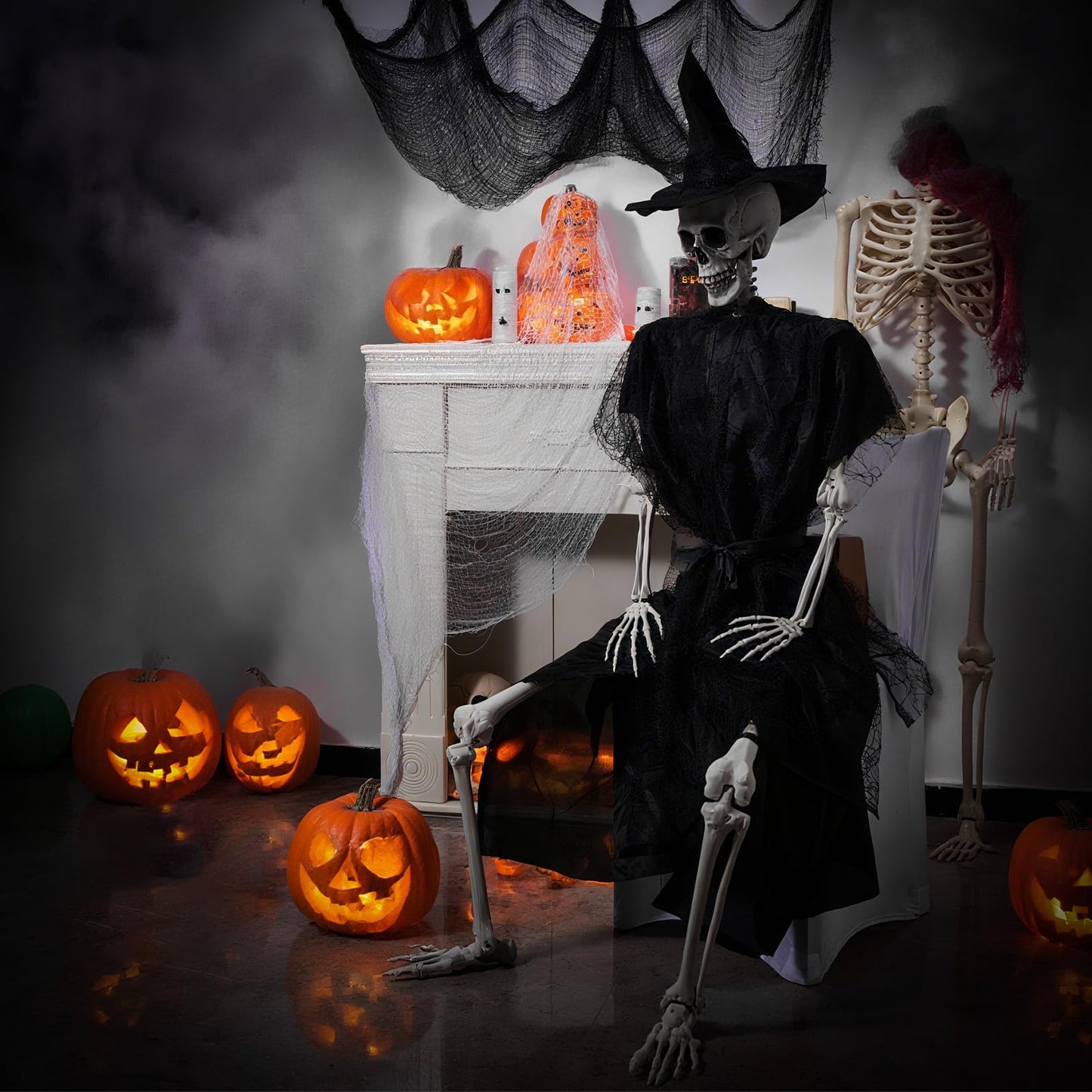 HunnmingRe 1 Set 5.4 ft Halloween Skeleton Decorations Outdoor Posable Life Size Skeleton with Costume Clothing Set and Movable Joints for Halloween Party Yard Haunted House Prop Decor (Witch)