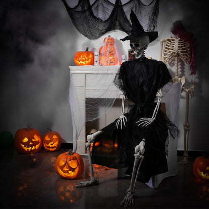 HunnmingRe 1 Set 5.4 ft Halloween Skeleton Decorations Outdoor Posable Life Size Skeleton with Costume Clothing Set and Movable Joints for Halloween Party Yard Haunted House Prop Decor (Witch)