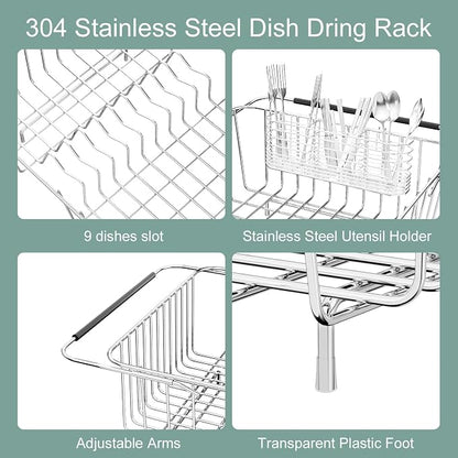 JAQ Over Sink Dish Drying Rack for Medium to Large Sink, Expandable 15.08"–22.4", Adjustable 304 Stainless Steel Dish Drainer with Utensil Holder, Large Capacity Holds Up to 13 Plates