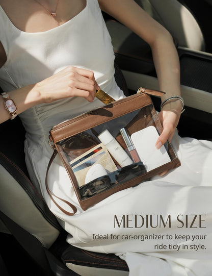 Popvibe Clear Makeup Bag with Zipper Travel Pouch Organizer Bag for Purse Cosmetic Bag Women Clear Travel Bag for Toiletry Traveling Car Essential Make Up Bag Set 3 Pack Brown