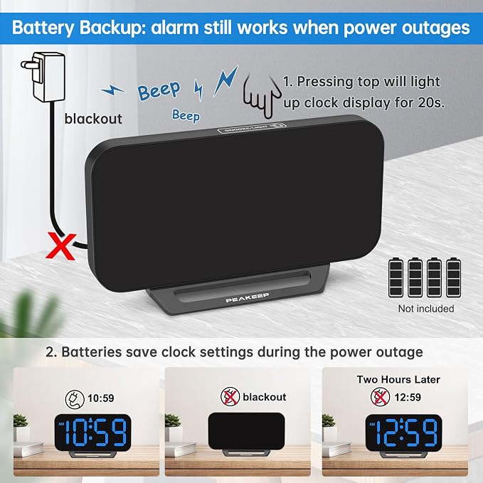 Peakeep Small Digital Alarm Clock for Bedrooms, Loud for Heavy Sleepers Adults, Dimmable Plug in Electric Large Numbers Clock Battery Backup, Slim Clock for Table Office Modern Living Room (BB)