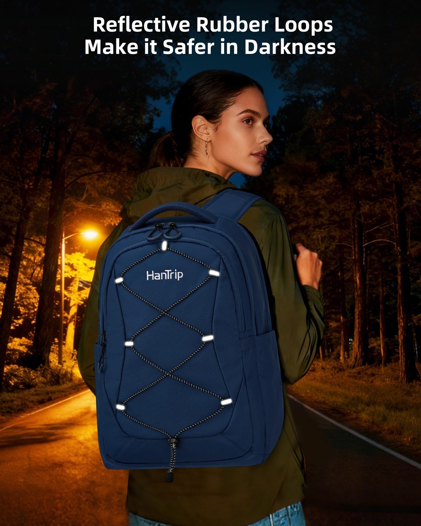 HanTrip Travel Laptop Backpacks for Women Men, Large Work Backpack for Commuter College School Book Bags, Reflective Water Resistant Backpack with Luggage Strap Bottle Pocket Chest Strap, Navy Blue