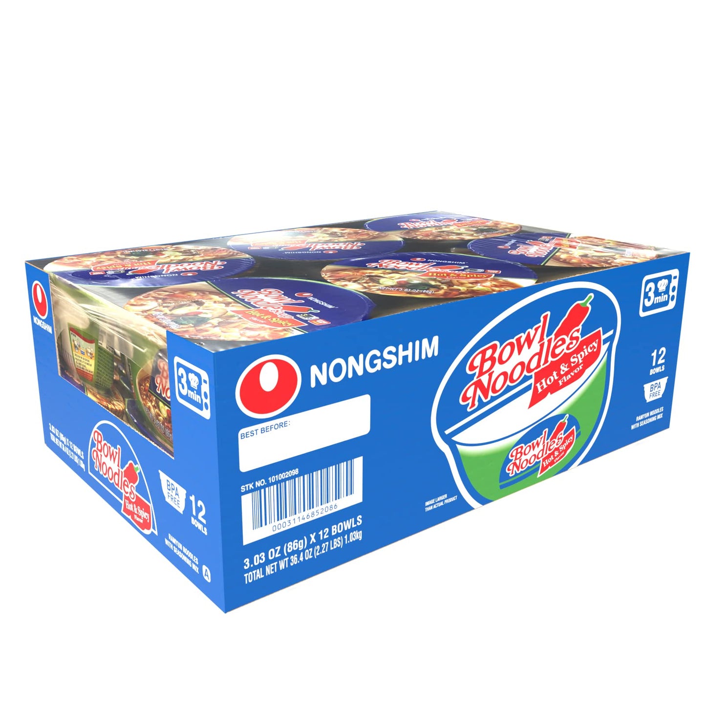 Nongshim Ramen Noodles, Gourmet Instant Ramen bowl, Premium Microwavable Noodle Soup, Hot & Spicy, 3.03 Ounce (Pack of 12)