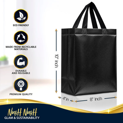 Nush Nush Black Gift Bags Medium Size – Set of 12 Shiny Black Reusable Gift Bag With Handles - Ideal as Halloween Goodie Bags, for Christmas, Birthday Party Favors – 8Wx4Dx10H Size