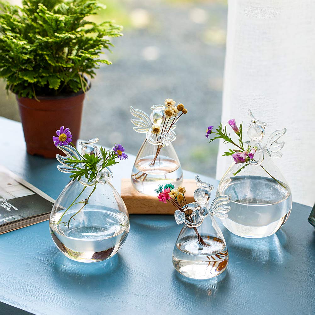 Sziqiqi Clear Glass Guardian Angel Vases Bulk for Hanging Vases for Buds Cuttings Greenery Hydroponic Plant Containers Room Ornaments Bautizo Decorations 3.5inch/4Pcs