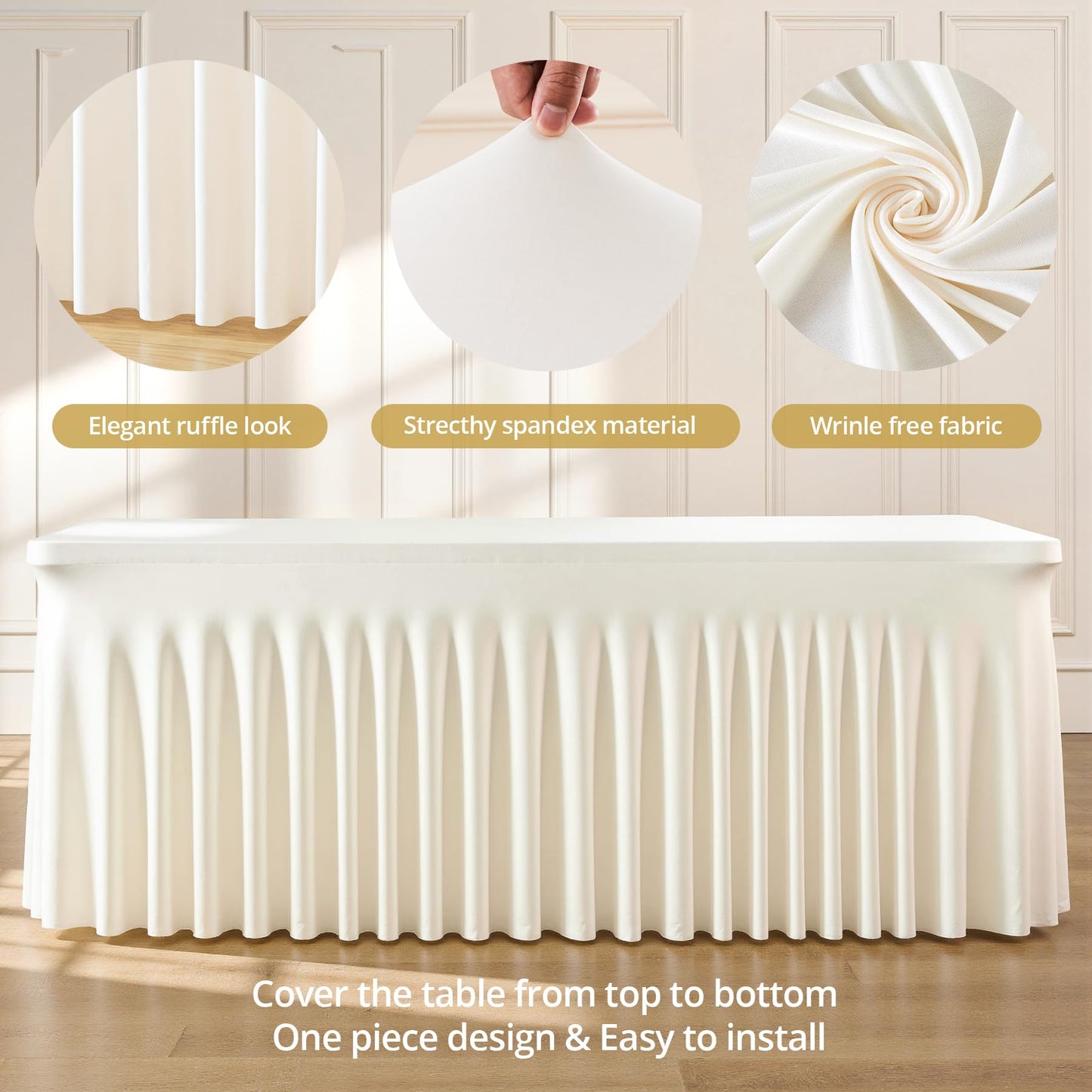 2 Pack Ivory Spandex Tablecloths for Rectangle Tables 6 Foot Ivory Stretch Table Cloth Rectangle 6ft Elastic Fitted Table Cover with Skirt for Wedding Birthday Party Banquet Baby Shower Buffet Event