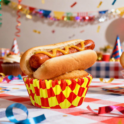 FYSUIMU 300Pcs Hotdog Cupcake Liners Hot Dog Day Baking Cups Standard Muffin Cupcake Wrappers for Summer Holiday Birthday Theme Party Supplies