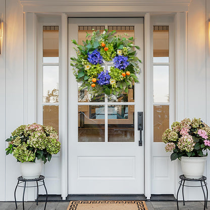 Spring Wreaths for Front Door 24 Inch, Summer Wreath Outdoor，Silk Hydrangea Wreath with White Blossoms & Mini Mandarins, Rustic Farmhouse Indoor & Outdoor Seasonal Wreath, Spring&Summer Home Decor