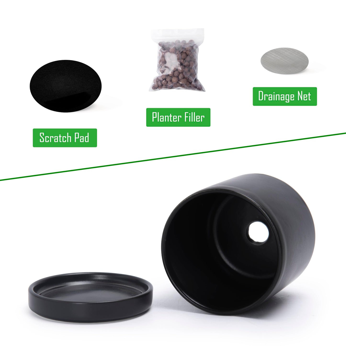 D'vine Dev Set of 2 Plants Pots, 3.5 Inch Ceramic Planter Pot for Plants with Drainage Hole and Saucer, Black, 94-V-A-2