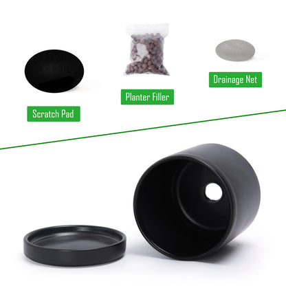 D'vine Dev Set of 2 Plants Pots, 3.5 Inch Ceramic Planter Pot for Plants with Drainage Hole and Saucer, Black, 94-V-A-2
