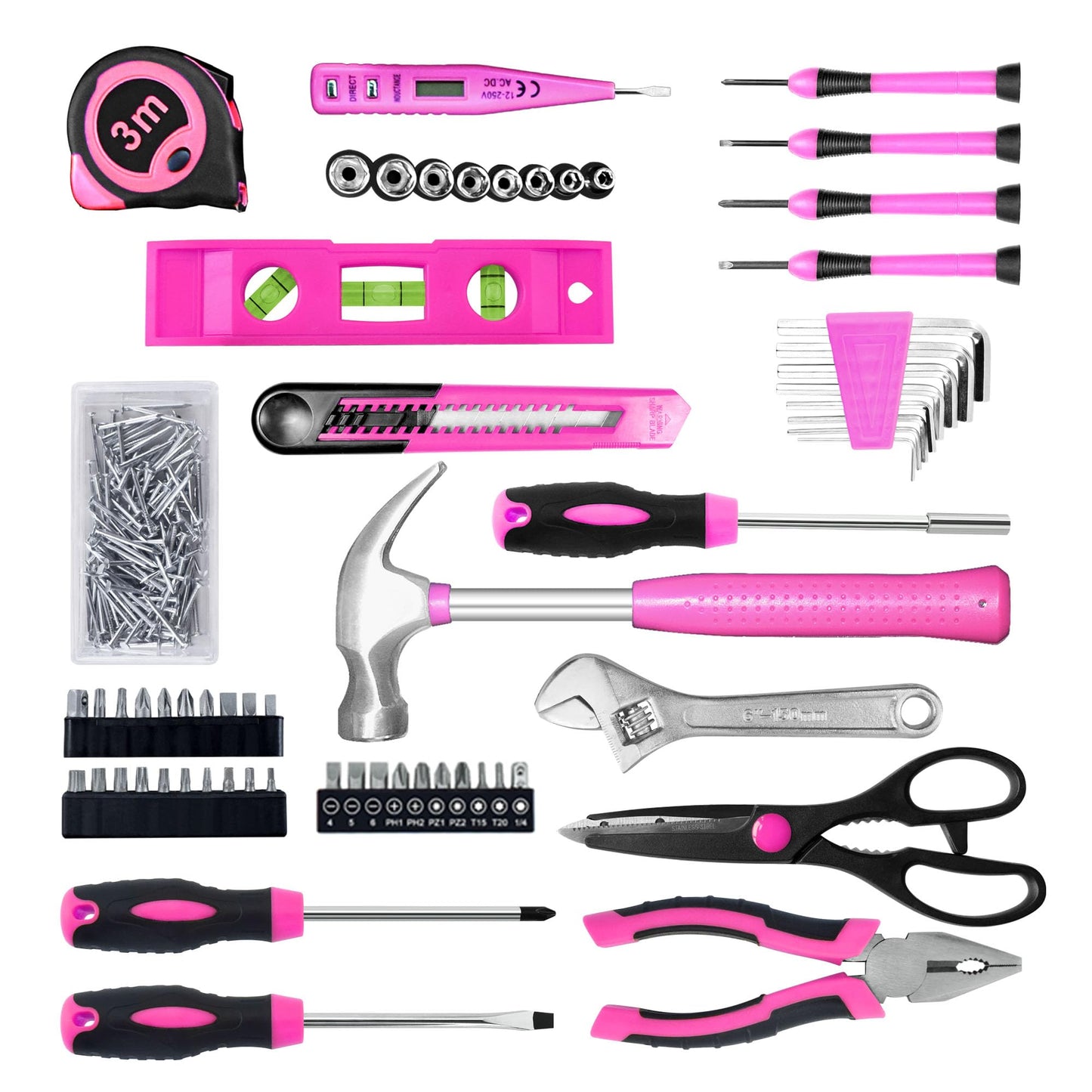 SOLUDE Pink Tool Set,206-Piece Home Tool Kit for Women Girls Ladies,Basic Household Toolkits for New Apartment Garage Office College Dorm & DIY Projects