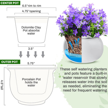 Suclain 2 Pack Ceramic African Violet Pots Self Watering Plant Pot Effortless Self Watering Plant Flower for Busy Lovers, Indoor(White,6 Inch)