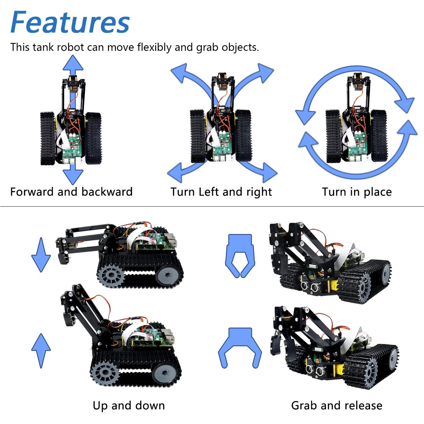 Freenove Tank Robot Kit for Raspberry Pi 5 4 B 3 B+ Zero 2 W, Crawler Chassis, Grab Objects, Ball Tracing, Line Tracking, Obstacle Avoidance, App Control, Camera, Servo (Raspberry Pi NOT Included)