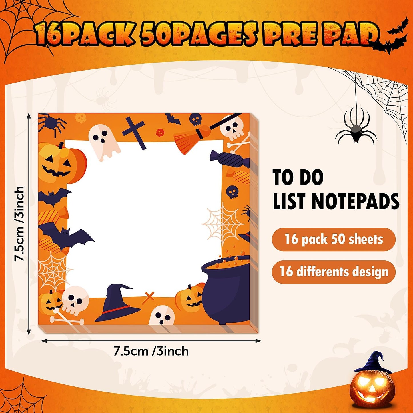 16 Pieces Halloween Sticky Note Self-Adhesive Halloween Note Pads with Spider Pumpkin Bat Eyeball Halloween Memo Notes for Halloween School Office Home Students Teachers Presents 30 Sheets Each