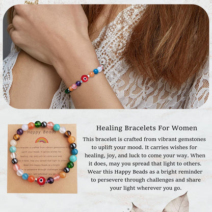 DLYFNVEV Evil Eye Bracelet Protection Healing Crystal Beaded Colorful Bead Rainbow Good Luck Natural Stone Boho Bohemian Jewelry Gifts