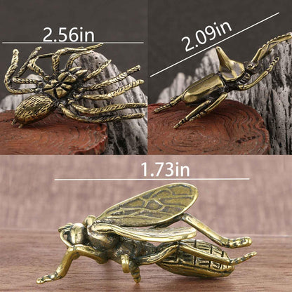 3PC Bees Beetles Spiders Sculpture Solid Metal Brass Animal Figurine Mini Insect Statue Ornament for Home Office Garden Desktop Decor Scene Decoration (Bees + Beetles + Spiders)