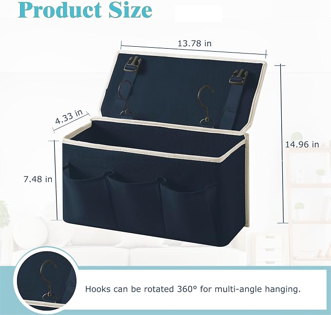 Bedside Caddy/Bedside Storage Organizer Hanging Bag with Three Options,Suitable for home beds, sofas, and dormitory beds—can hold magazines, books, phones, iPads, remote controls. (Navy Blue)