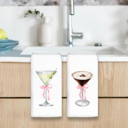 OINDADE Martini Decor Kitchen Towels Set of 2, Gifts for Martini Lovers Hand Towels, Pink Bow EspressoMartini Dish Tea Towel for Kitchen Home Bar, Coquette EspressoMartini Bar Cart Decor, 16x24In