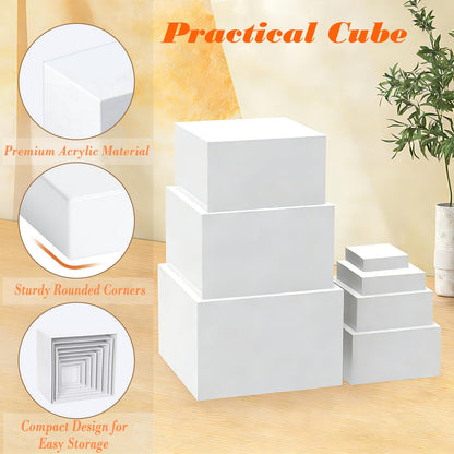 7PCS Buffet Risers Acrylic, 10" to 4" Large Tiered Display Stands for Desserts, Jewelry & Collectibles - Hollow Nesting, Easy Storage - Sturdy White Display Riser for Party, Wedding & Retail Counter