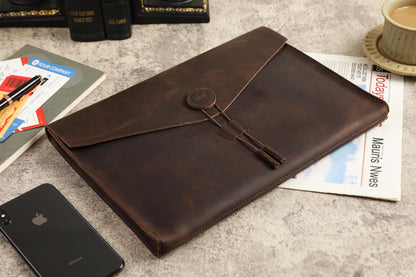 GZRHKJ Genuine Leather Folder Portfolio, Leather File Folder Organizer，Envelope Document Holder for Men&Women, Personalized Folio Laptop Sleeve Case for 15" Laptops, Tablets