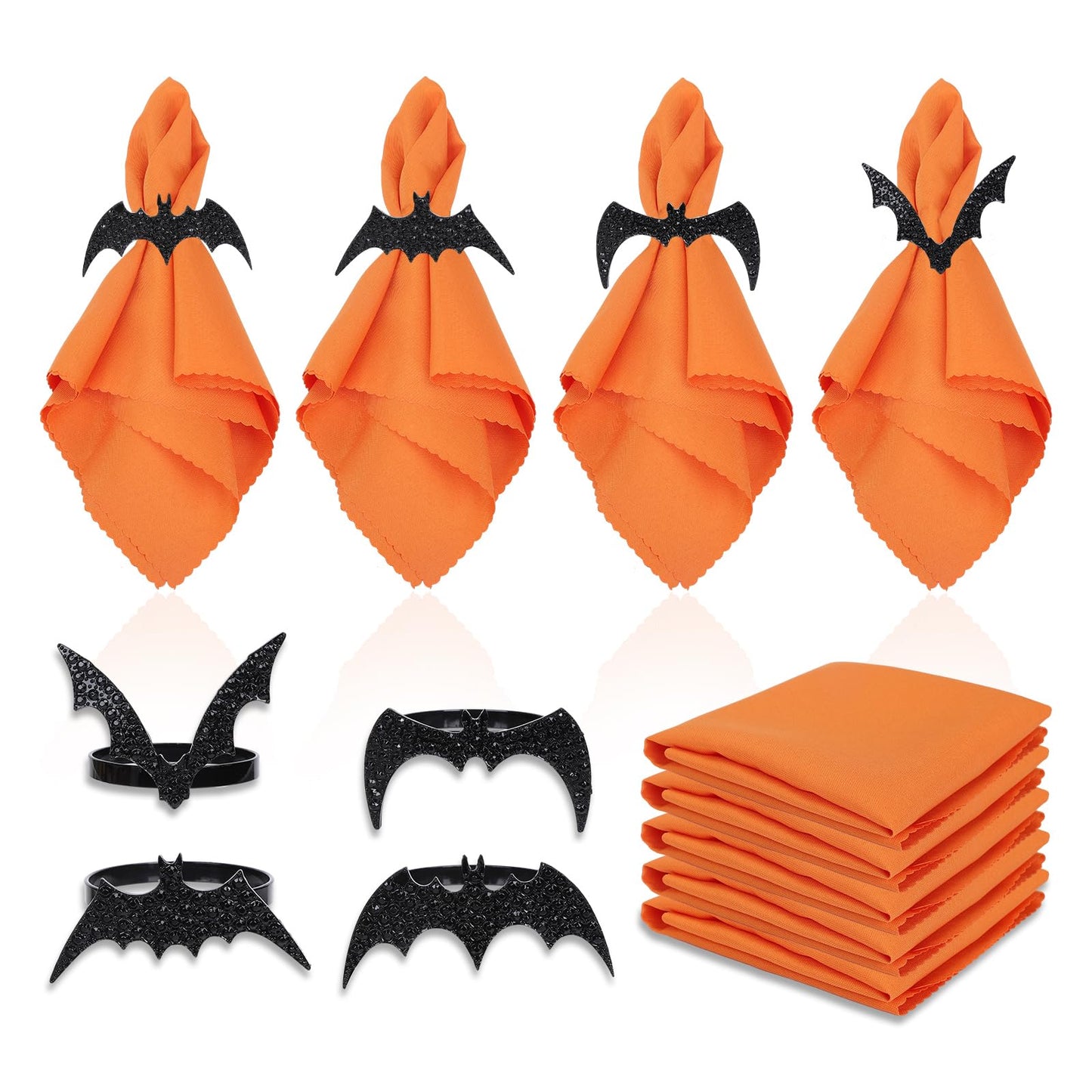 Whaline 16Pcs Halloween Bat Napkin Ring with Washable Orange Cloth Dinner Napkins 4 Designs Black Bat Metal Napkin Ring Holders for Home Dinner Table Setting