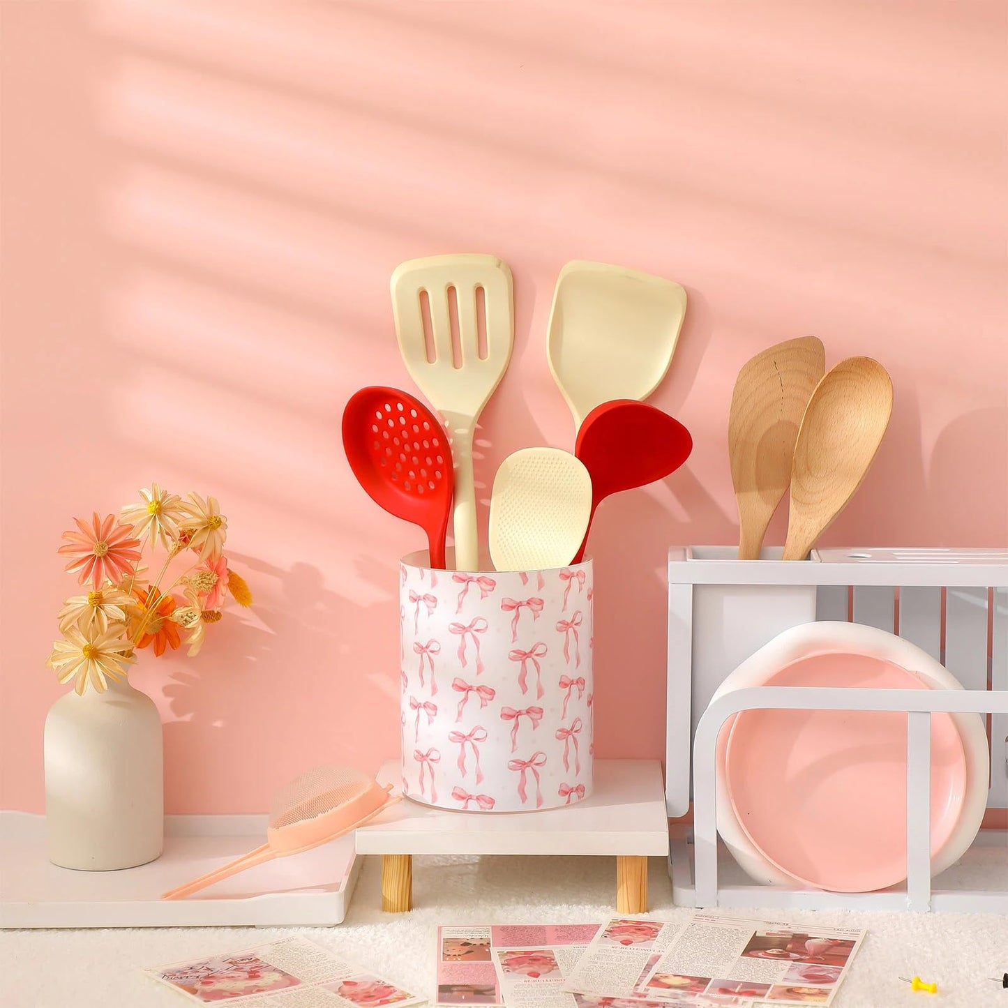 WILLBOND Pink Bow Utensil Holder Coquette Acrylic Kitchen Decor Cooking Utensil Crock Preppy Storage Caddy Organizer Vase Decor for Kitchen Countertop Spoon Holder Jar Housewarming Gift