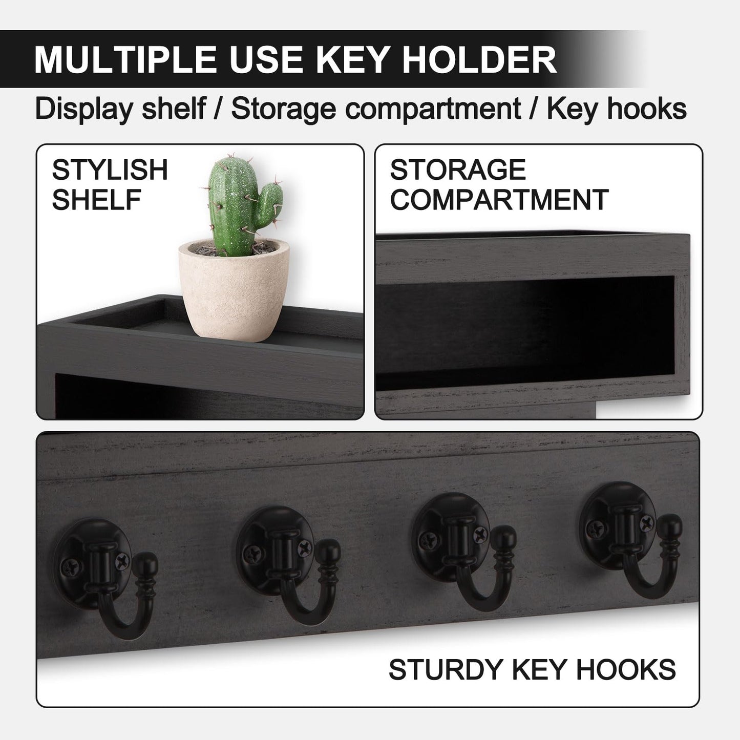 Lucundm Key and Mail Holder Wall Mount, Key Hanger with Long Storage Box and 6 Hooks for Coat, Dog Leash, Home Decor Rack, House Accessories, Entry Way Organizer (Black)