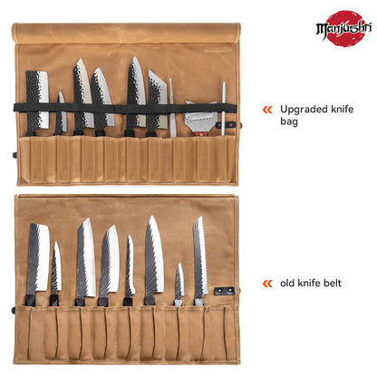 Manjushri Chef Knife Rolls with 9 slots- Canvas Knife Roll Bag with Genuine Leather Belt (Brown)